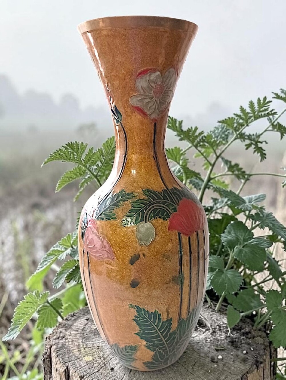 Vintage Enameled Brass Vase LARGE Cloisonne Champleve Ornate Etched Floral READ